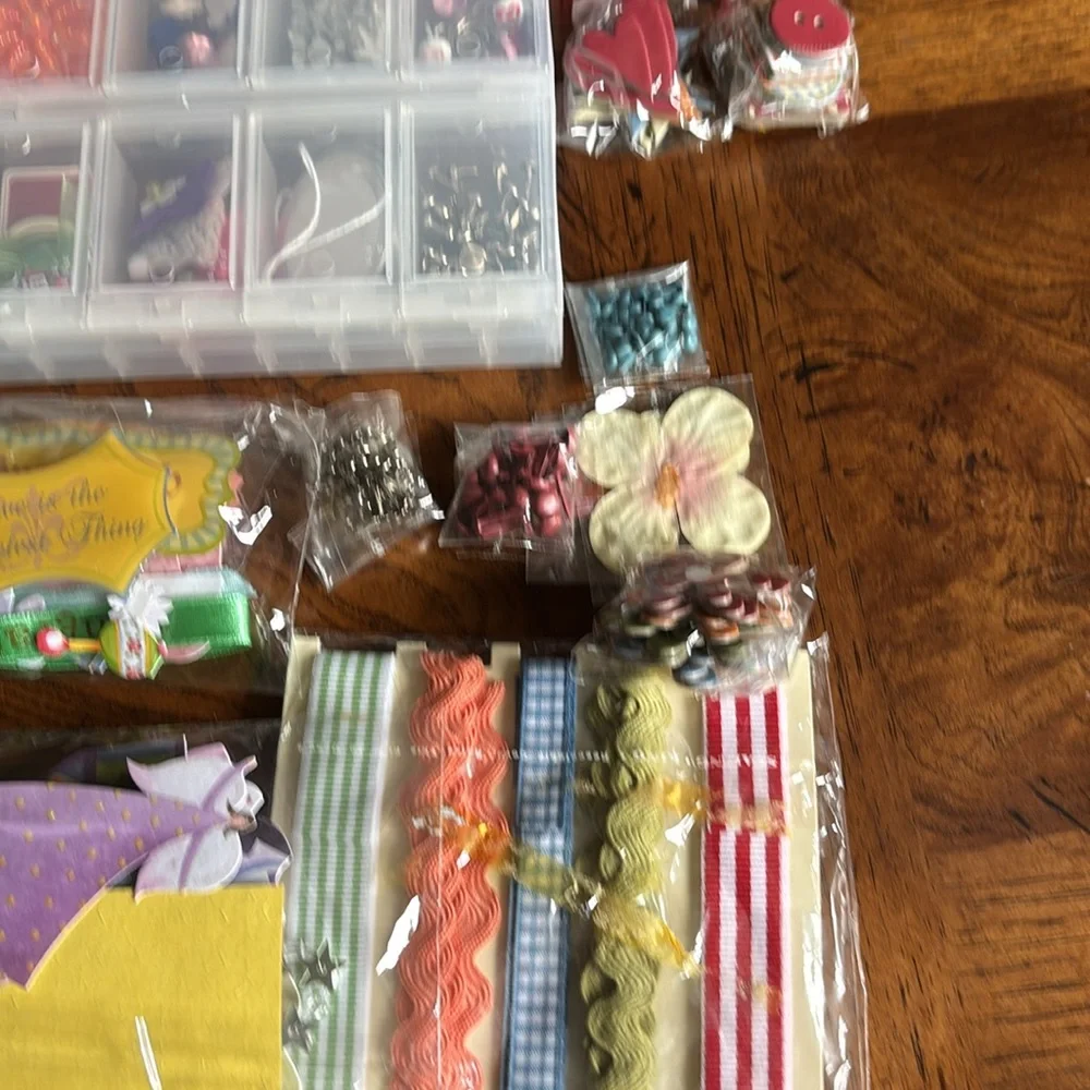 NEW Scrapbook organizer container filled with items, tape, trim and so much more